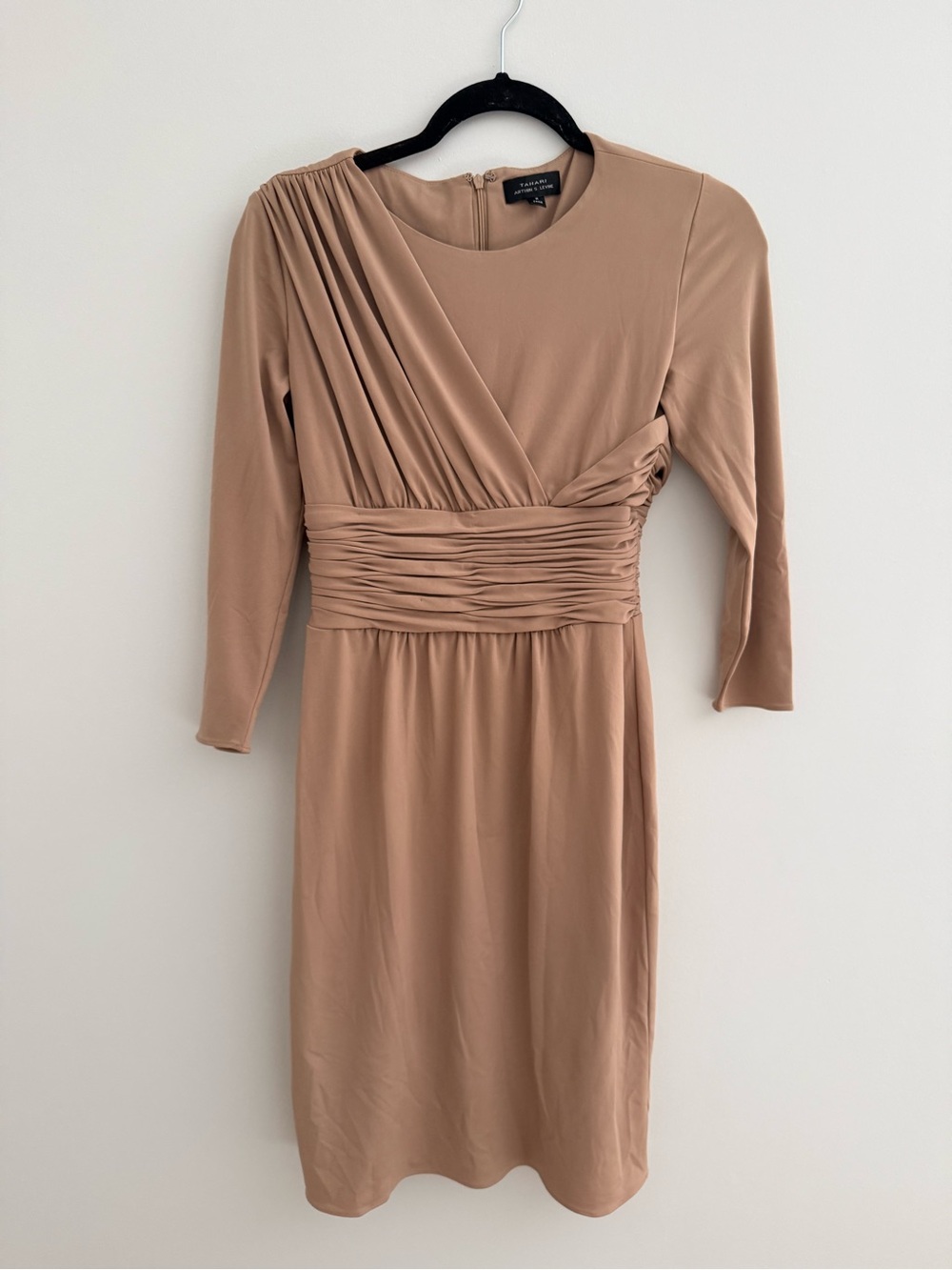 Ruched Waist Long Sleeve Dress in Camel